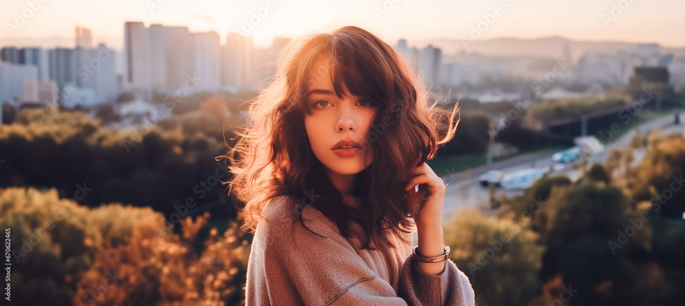 Portrait of young cute woman standing on bridge against city , Sunrise Elegance Portrait of a Young, Cute Woman Standing on a Bridge Against the Urban Cityscape Portrait of young cute woman standing on bridge against city , Sunrise Elegance Portrait of a Young, Cute Woman Standing on a Bridge Against the Urban Cityscape