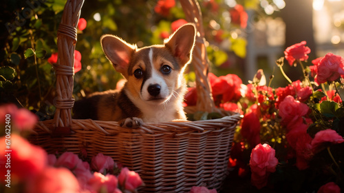 春の暖かい日差しの中、カゴに入って遊ぶ子犬とピンクのバラ photo