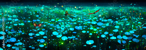 Neon light Enchanted Meadow with Butterflies and Dragonflies abstract background with blue and green lights