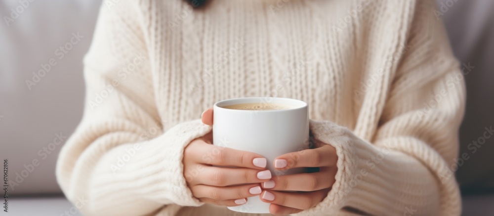  Woman's hands in white knitted sweater holding cup of coffee. Christmas winter design.