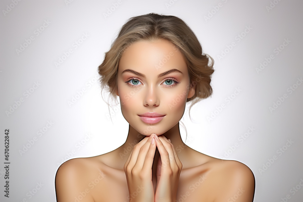 Radiant Beauty and Skin Care Smiling Woman with Healthy Facial Skin and Natural Makeup in Closeup Portrait. created with Generative AI Radiant Beauty and Skin Care Smiling Woman with Healthy Facial Skin and Natural Makeup in Closeup Portrait. created with Generative AI