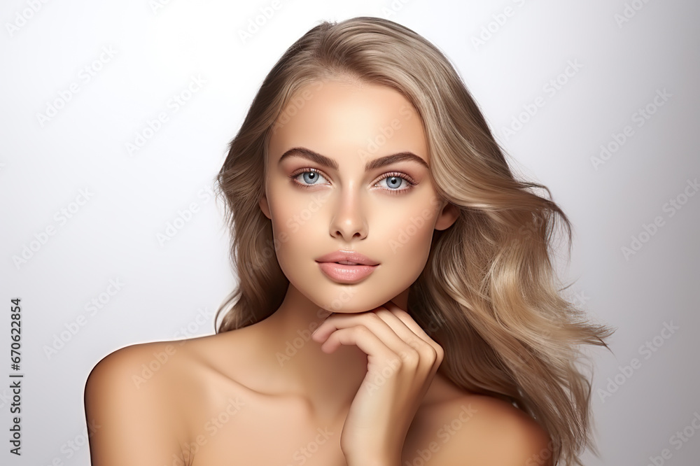Naklejka premium Radiant Beauty and Skin Care Smiling Woman with Healthy Facial Skin and Natural Makeup in Closeup Portrait. created with Generative AI