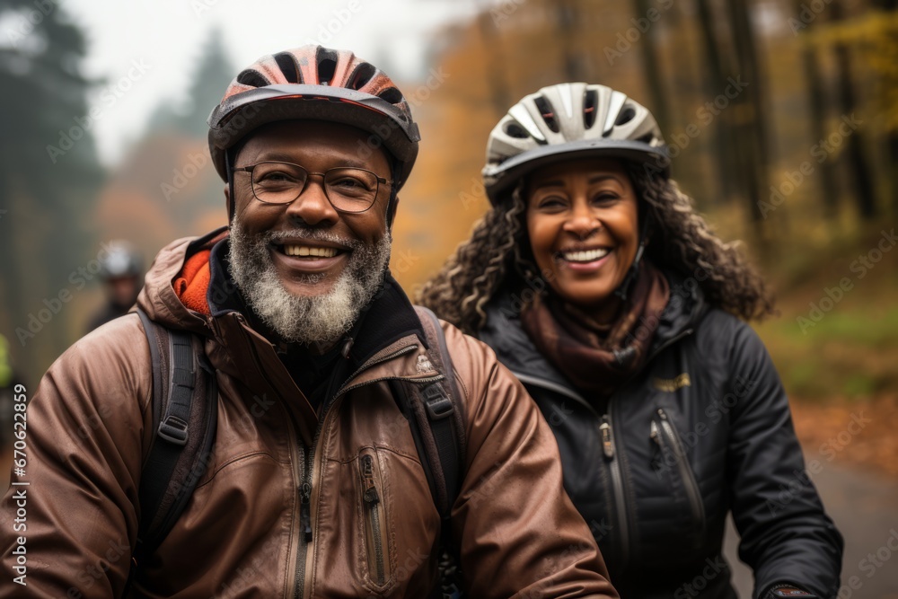 Elderly smiling couple in safety helmets riding bicycles together to stay fit and healthy. African American seniors having fun on a bike ride in autumn park. Retired people lead active lifestyle. Elderly smiling couple in safety helmets riding bicycles together to stay fit and healthy. African American seniors having fun on a bike ride in autumn park. Retired people lead active lifestyle.