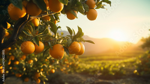 A bunch of bright, fruity oranges growing in an orange field amidst the setting sun. beautiful natural scenery Generative AI