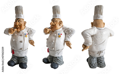 figurine chef cuisinier de face, de profile, de dos sur fond transparent