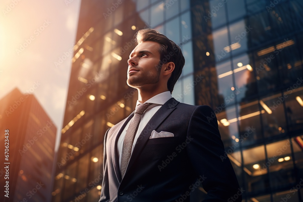 Portrait of a handsome young man in a business suit standing on the background of the night city Portrait of a handsome young man in a business suit standing on the background of the night city