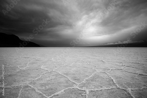 Badwater Basin in Death Valley on Cloudy Day - Black & White