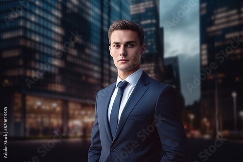Portrait of a handsome young man in a business suit standing on the background of the night city