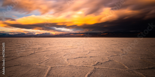 Badwater Basin in Death Valley on Cloudy Day - Panorama 