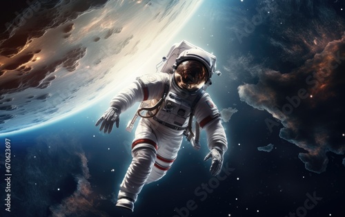 An astronaut in a white suit is floating in the vastness of space