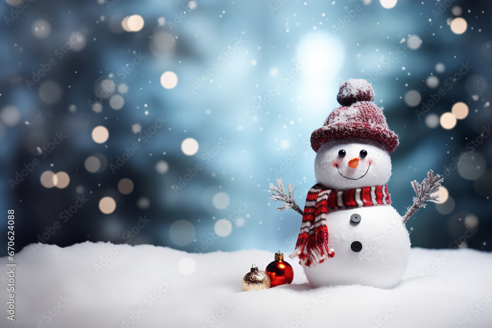 Muñeco de nieve navideño vestido con gorro y bufanda sobre fondo nevado azul