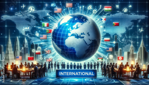 3D illustration of a digital interface with 'INTERNATIONAL' at the center, surrounded by global landmarks, and people from different countries interacting. photo