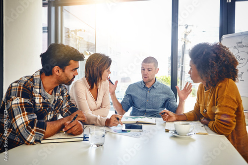 Editor, planning and teamwork in business meeting, office or press newspaper with writers brainstorming. News, agency and group of people with strategy for report, newsletter and review of ideas photo