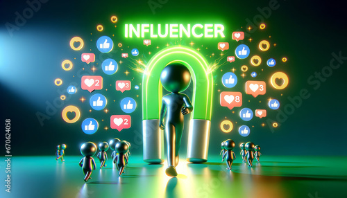 Magnetic Influence: A 3D Character Attracting Digital Affection & Audience Engagement. word 'INFLUENCER' glowing prominently in neon green. magnetic attraction of influencers on audiences.