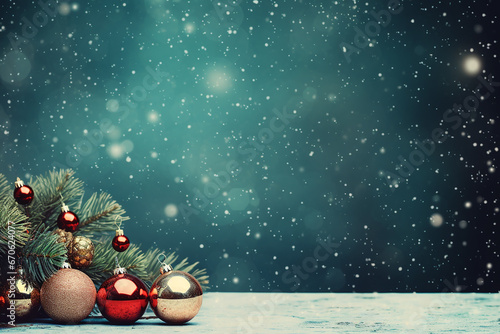 Fondo navideño color verde nevado con bolas de navidad decorativas y copos de nieve con espacio para texto photo