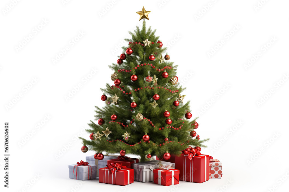 decorated christmas tree with gifts on isolated white background decorated christmas tree with gifts on isolated white background