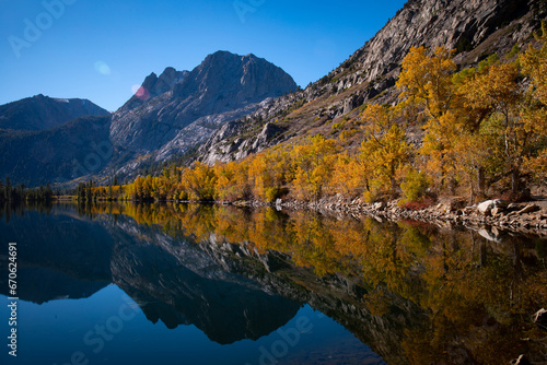 Vibrant Fall Colors Surrounding California Lake / Mountains