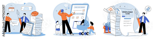 Social insurance. Vector illustration. Timely payment insurance premiums ensures continuous coverage Unemployment insurance provides temporary financial support to those without job Social insurance