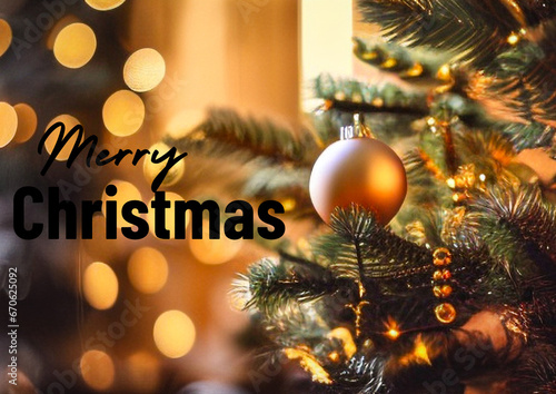 merry christmas card, christmas tree with lights, christmas background. christmas tree and decorations © Grau Photographers