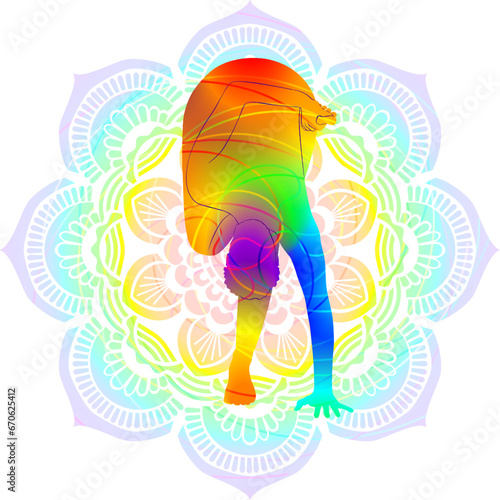 Colorful silhouette of Ardha Baddha Padmottanasana. Standing Half Bound Lotus Forward Bend pose. Isolated vector illustration on Mandala background.