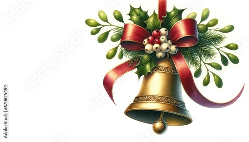 Watercolor painting showcasing a Christmas bell adorned with mistletoe and a ribbon. The bell is strategically placed on the left side of the frame, leaving a generous space on the right for messages.