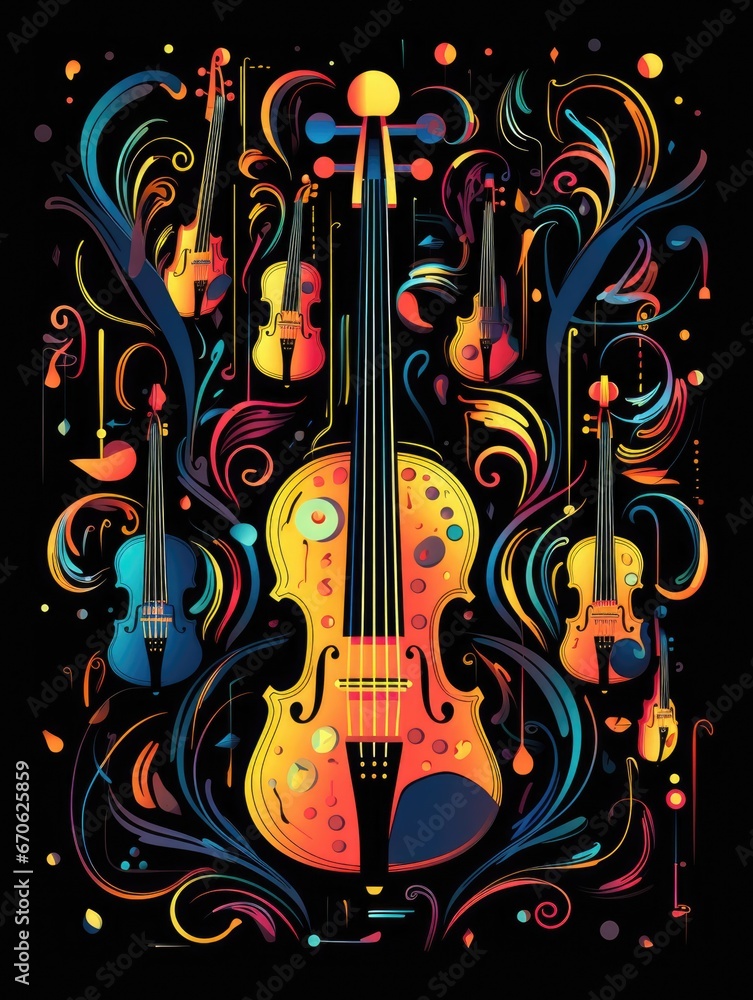 Abstract image of musical instruments on a black background. International Music Day Poster. Abstract image of musical instruments on a black background. International Music Day Poster.
