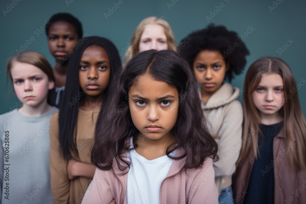 Multiethnic group of children looks at camera with angry and frustrated expression. Kids are upset and intend to stand up for their rights. Diversity and free communication concept. Isolated on black. Multiethnic group of children looks at camera with angry and frustrated expression. Kids are upset and intend to stand up for their rights. Diversity and free communication concept. Isolated on black.
