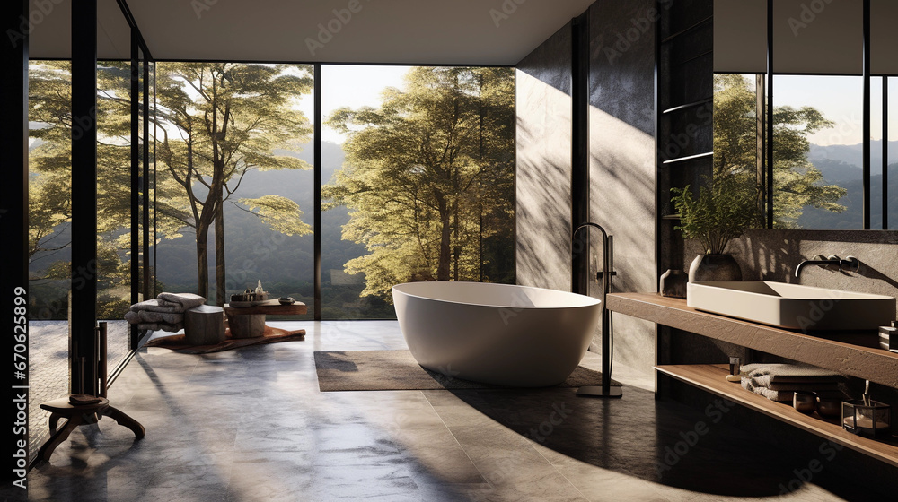 Fototapeta premium A sleek and minimalist bathroom with floor-to-ceiling windows, offering a view of nature and plenty of natural light