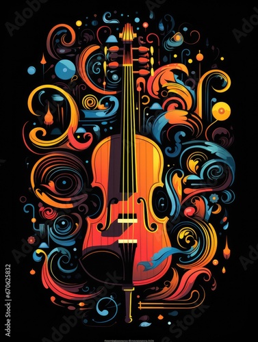 Abstract image of musical instruments on a black background. International Music Day Poster. 