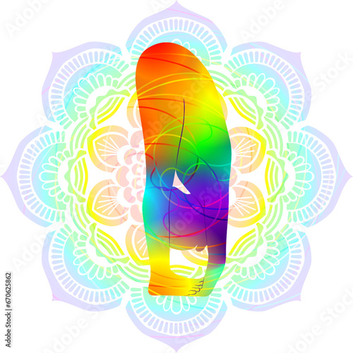 Colorful silhouette of Padahastasana. Gorilla pose or Hand to Foot pose. Hand Under Foot postion. Isolated vector illustration on Mandala background.