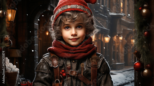 Little boy, with a smile on his face, with a curly, golden head, wearing a warm leather jacket and a red hat and scarf, on a street decorated for the Christmas season, generative AI