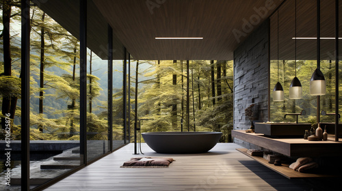 A sleek and minimalist bathroom with floor-to-ceiling windows, offering a view of nature and plenty of natural light