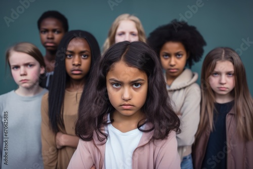Multiethnic group of children looks at camera with angry and frustrated expression. Kids are upset and intend to stand up for their rights. Diversity and free communication concept. Isolated on black.