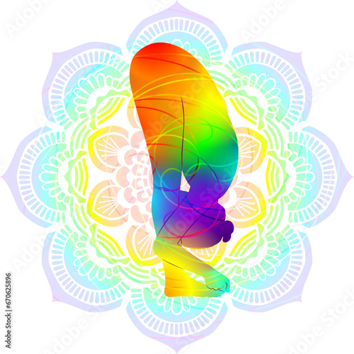 Colorful silhouette of Padangushthasana. Big Toe pose. Intermediate Difficulty. Isolated vector illustration on Mandala background.