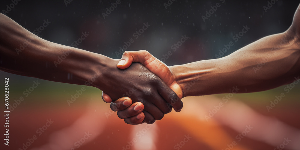 Multiracial runners in a modern handshake to show each other friendship and respect against racism - Fair competition and sport concept, generative ai - obrazy, fototapety, plakaty 