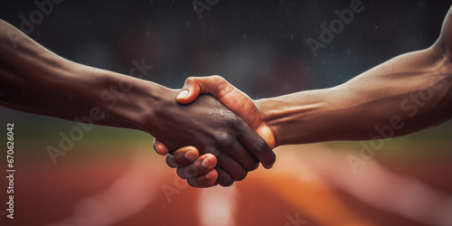 Multiracial runners in a modern handshake to show each other friendship and respect against racism - Fair competition and sport concept, generative ai
