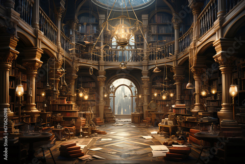 Magical background of a big old library with lots of books and shelves. generative Ai
