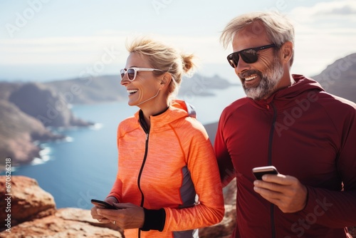 Athletic adult couple making pause after jogging, walking or workout in picturesque seashore. Mature Caucasian man and woman in sports outfit with smartphones chatting and smiling. Active lifestyle.