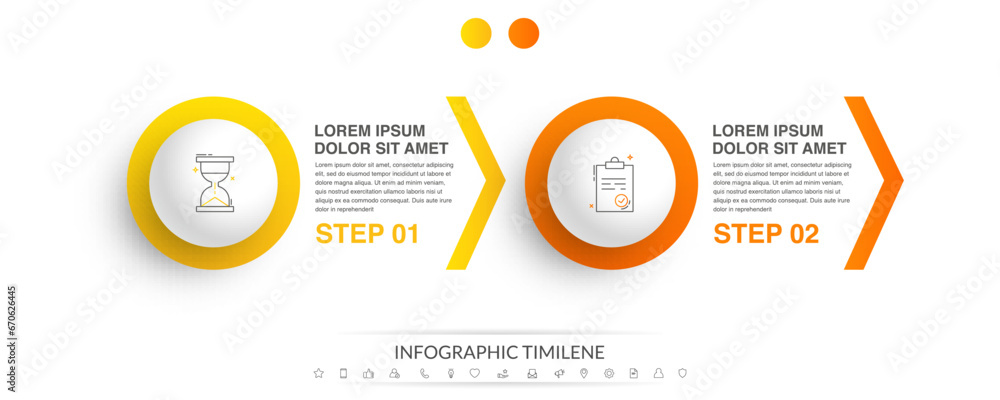 Business vector infographic design template. Circle timeline with icons and 2 two arrows or steps. Used for process diagram, presentations, workflow layout, info graph, banner, flow chart - obrazy, fototapety, plakaty 