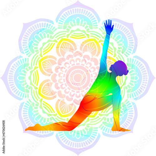 Colorful silhouette of Utthita Parivritta Anjaneyasana. Revolved Crescent Lunge on the Knee with Arms Extended. Isolated vector illustration. .Mandala