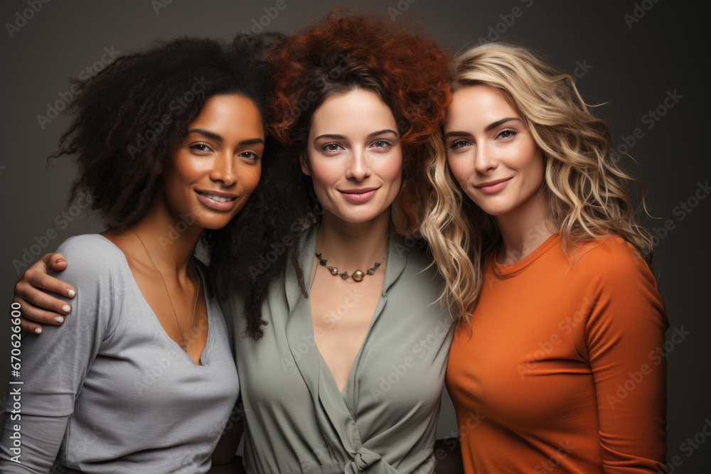 Half-length portrait of three cheerful young diverse multiethnic women. Female friends smiling at camera while posing together. Diversity, beauty, friendship concept. Isolated over grey background.