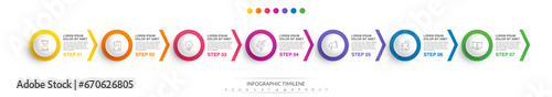 Business vector infographic design template. Circle timeline with icons and 7 seven arrows or steps. Used for process diagram, presentations, workflow layout, info graph, banner, flow chart