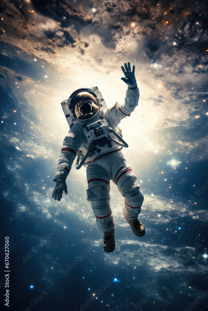 An astronaut in a white suit is floating in the vastness of space