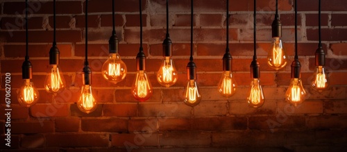 Retro light bulbs set against brick wall.