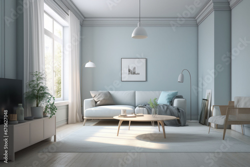 Interior of modern living room with blue walls, wooden floor, gray sofa and coffee table. 3d render