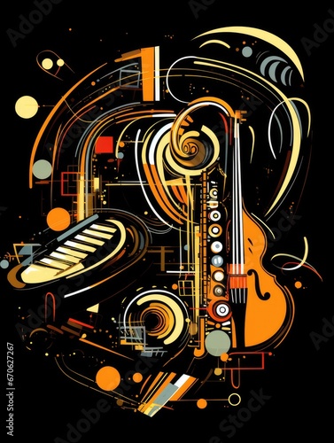 Abstract image of musical instruments on a black background. International Music Day Poster. 