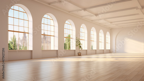 Bright, spacious dance hall in the morning light from the window. Ballet and dance studio. Light background.