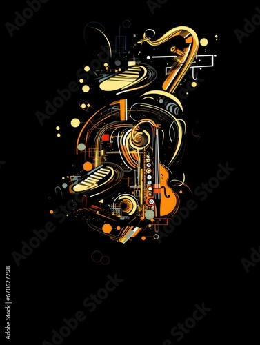 Abstract image of musical instruments on a black background. International Music Day Poster. 