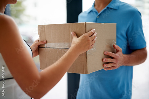 Front door, delivery guy or hands of customer with boxes for ecommerce distribution or online shopping. Shipping services, closeup or courier man giving cardboard parcel, product or package in home