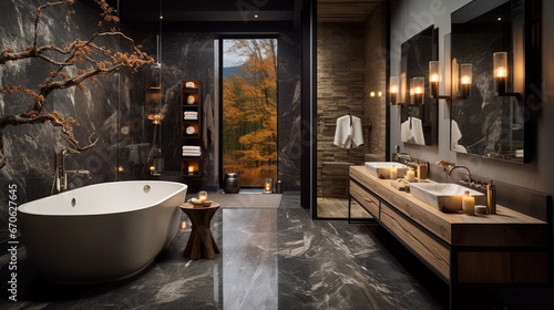 A luxurious spa-style bathroom with a freestanding bathtub  rain shower  and marble accents